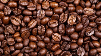 Fototapeta premium Roasted Coffee Beans Background Texture Close Up Rich Brown Coffee Bean Pile