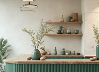 wooden counter with teal-green fluted base and minimalist decor