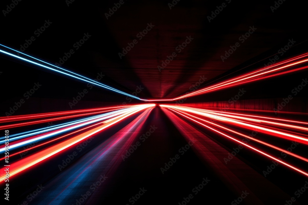Poster abstract red and blue light trails in a tunnel. possible background or tech use