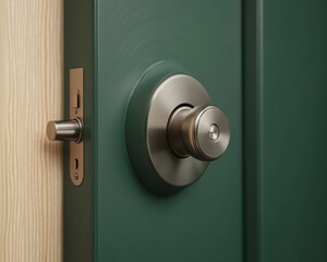 close-up of modern door handle with teal door and wood paneling