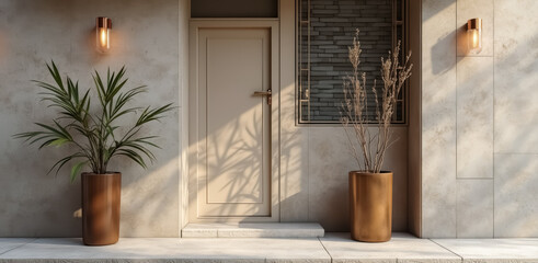 sunlit minimalist entrance with greenery and bronze planters