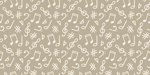 Music signs seamless pattern, accidental, note symbols background. Hand drawn doodle style vector graphics, illustration