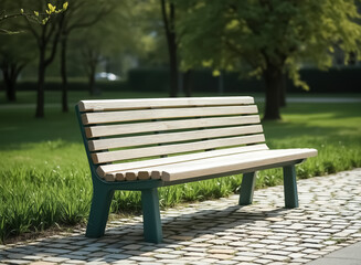 light beige wooden bench with teal supports sits on a cobblestone path in a park