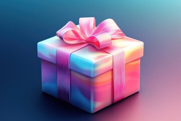 Obraz premium Colorful present box with pink ribbon on a blue gradient background. Best for celebration, birthday, holiday, and other special events.