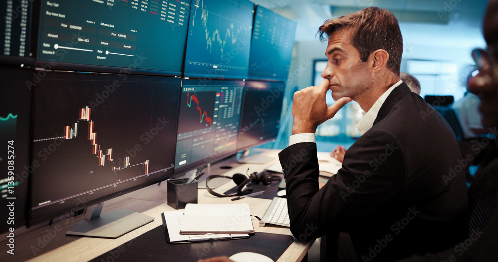 Poster man, stress and stock market crash with monitor in office, profile and mistake with value on graphs.