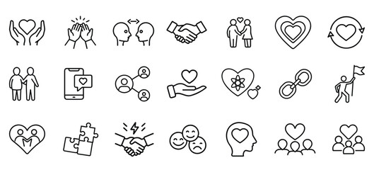 Love and relationship line icons set for connection and unity  
