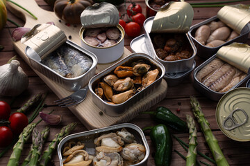 Group of canned goods on a wooden table and surrounded by fresh produce