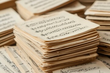 Stack of old sheet music with songs on a vintage paper background for decoration