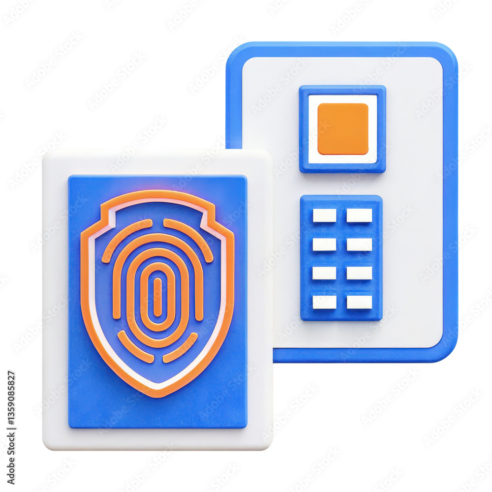 Poster cybersecurity futuristic 3d secure biometric access control devices on a black background.
