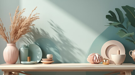 serene arrangement of pastel-colored home decor items on a light wooden table