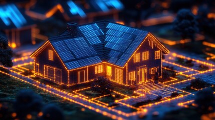 Smart Home, Eco-Friendly Neighborhood, Sustainable Living, Energy Efficient Housing, Solar Panels, Night Scene, Digital Art