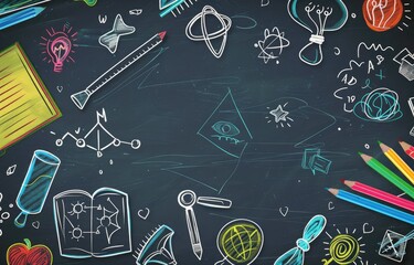 A blackboard filled with hand-drawn educational doodles, school supplies scattered around