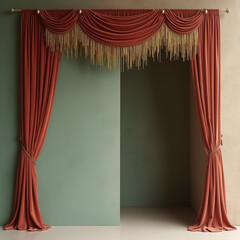 Fototapeta premium elegant rust-colored velvet curtains with a gold beaded valance against a sage green wall