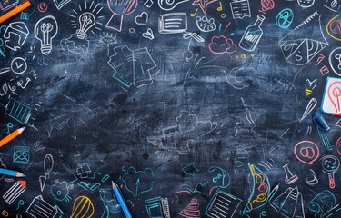 A blackboard filled with hand-drawn educational doodles, school supplies scattered around