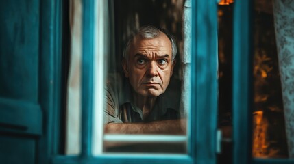 Elderly Man Looking Through Window