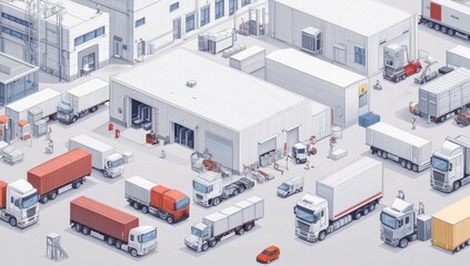 Detailed Industrial Logistics Illustration Featuring Trucks and Warehouses