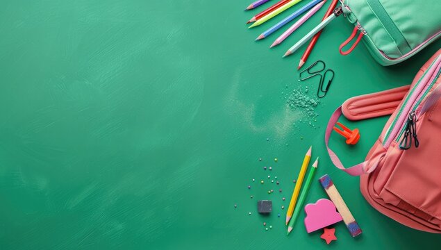 School stationery set in beige case on purple background with green chalkboard texture