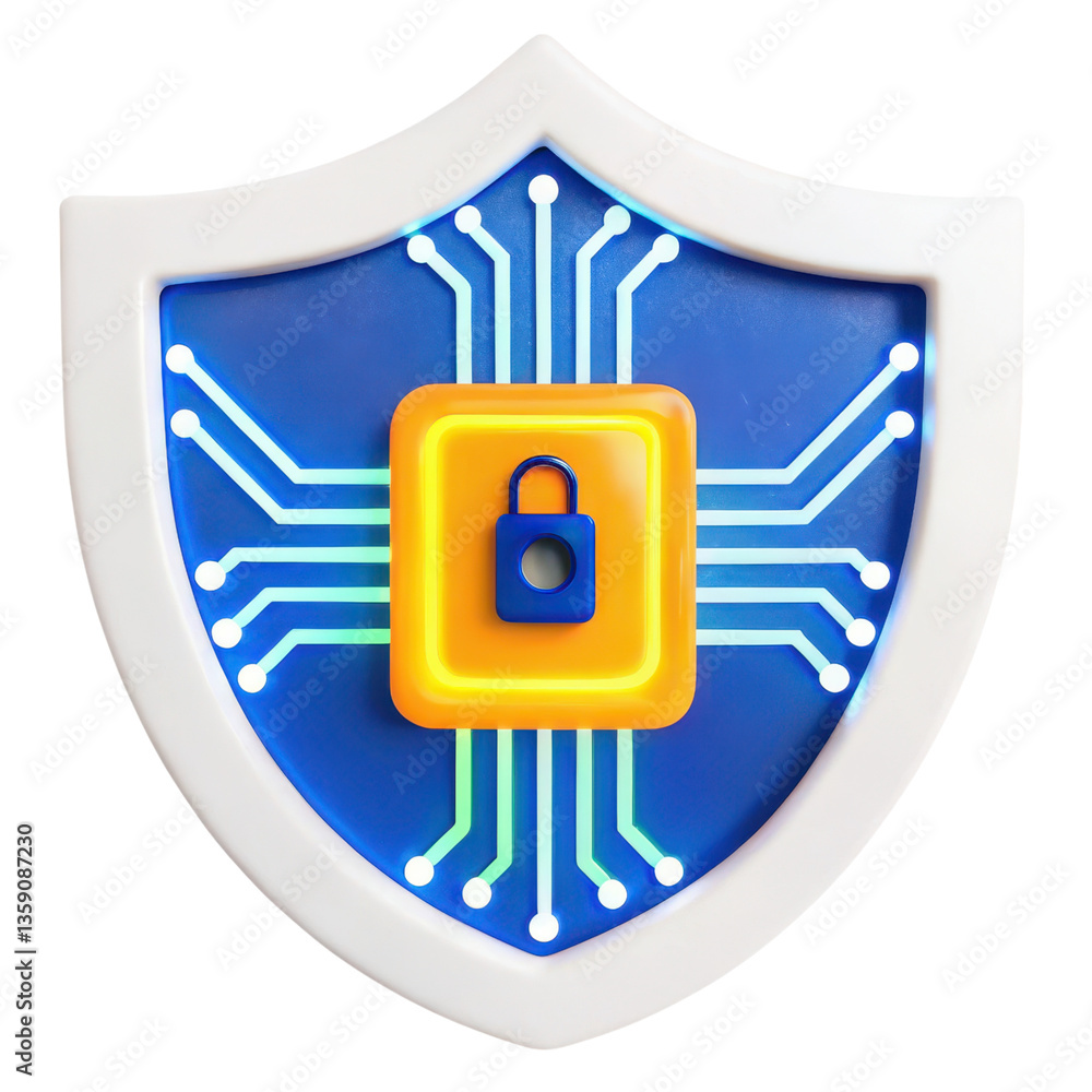 Poster cybersecurity futuristic 3d digital shield with a lock symbol representing cybersecurity protection.