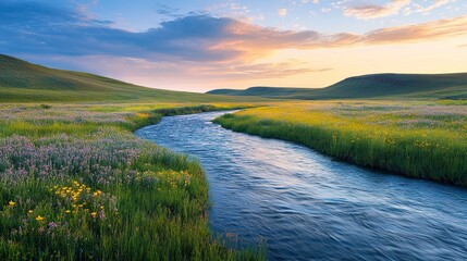 Peaceful river flowing through colorful meadows bathed in warm sunset light serene natural beauty at its finest.  