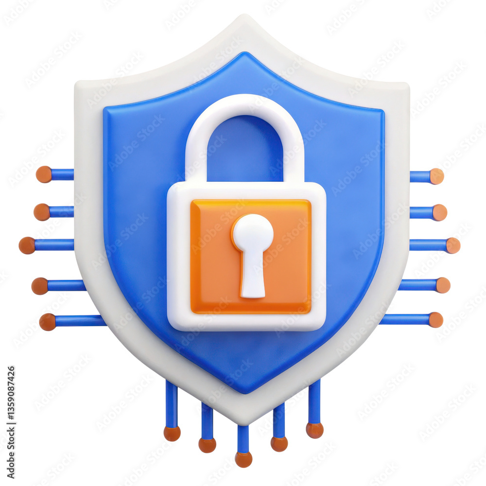 Poster cybersecurity futuristic 3d digital security shield with a padlock and circuit design.