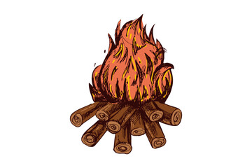 Hand-drawn burning campfire with orange flame and wooden logs for camping and outdoor design in vintage engraved style