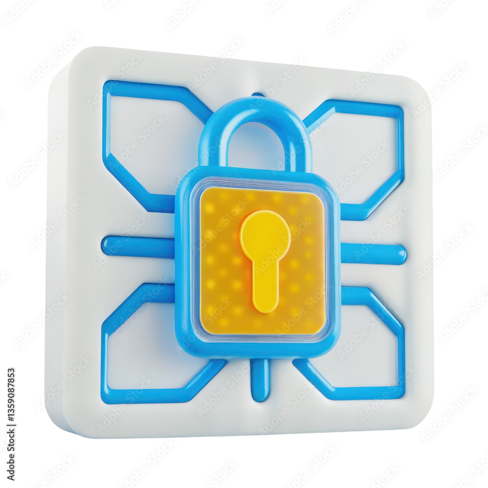 Poster cybersecurity futuristic 3d 3d illustration of a padlock with a circuit design background.