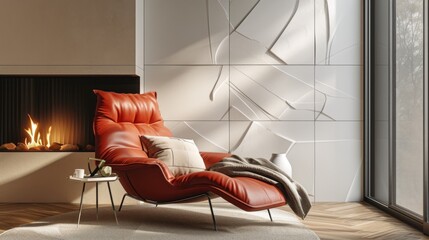 A contemporary living room featuring a sleek red recliner placed in front of a modern fireplace. The space is enhanced with a cozy blanket, decorative vases, and ample natural light, creating a