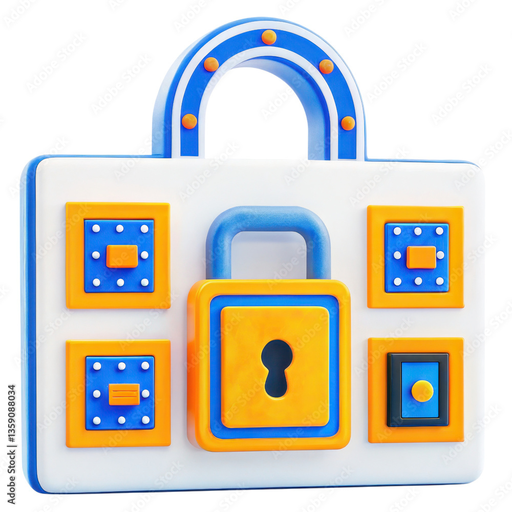 Poster cybersecurity futuristic 3d colorful padlock with geometric shapes and buttons for security concept.