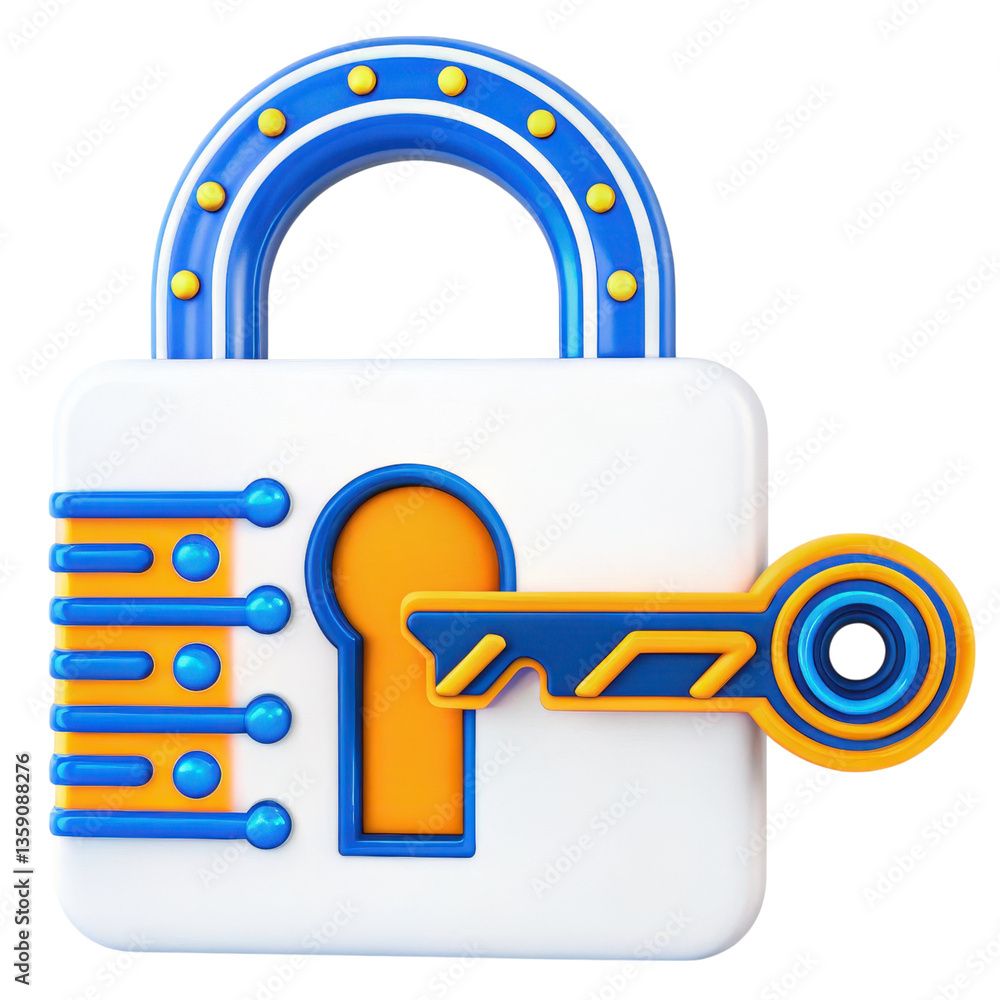 Poster cybersecurity futuristic 3d colorful padlock with a key, symbolizing security and protection.
