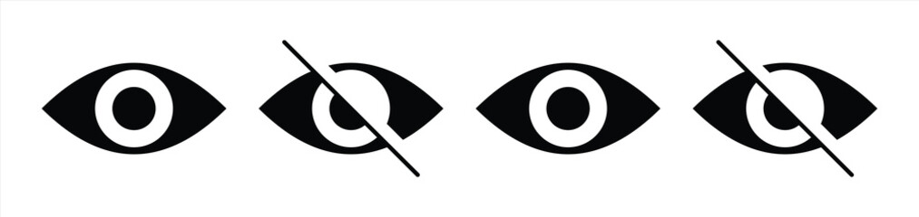 Open and Crossed Out Eye Symbol Set, show and hidden, see and not see vector illustration