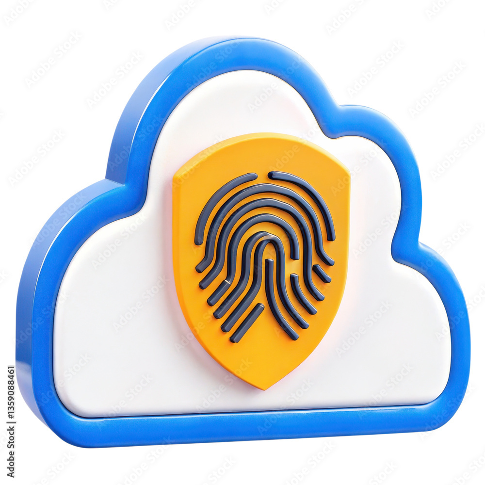 Poster cybersecurity futuristic 3d cloud icon featuring a fingerprint shield for security concepts.