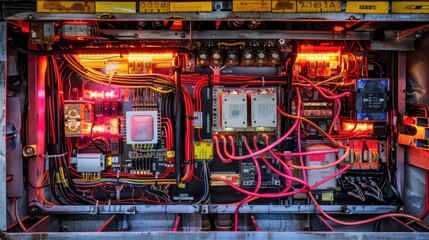 Illuminated electrical control panel with complex wiring and components.
