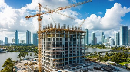 High-Rise Residential Tower Under Construction with City Skyline View