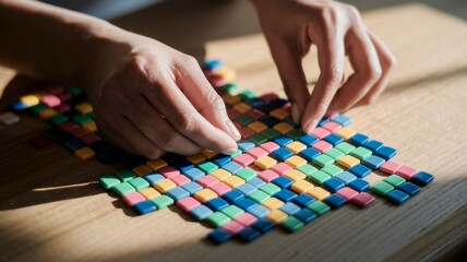 Fototapeta premium Hand photography, fine motor skills, ceramic mosaic, small interior details, decor details, children's play.