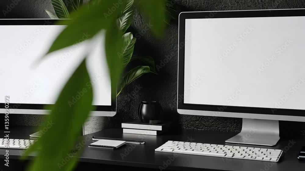 Poster modern workspace with personal computer and mobile devices in office generative ai