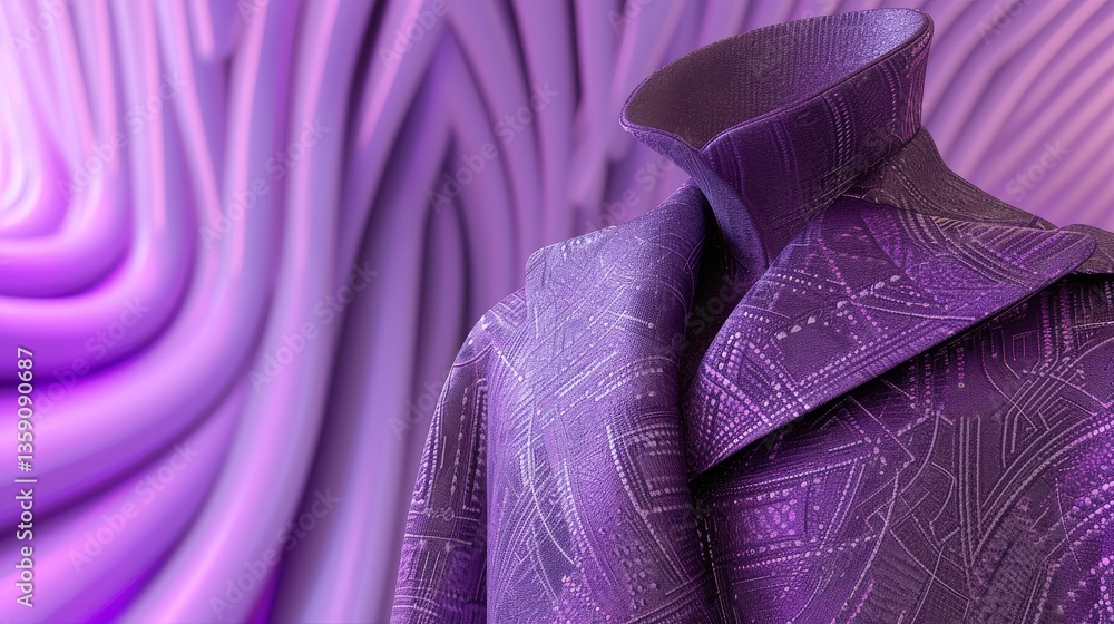 Poster textured purple coat showcased on a mannequin, set against an abstract purple backdrop with fluid, w