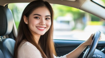 Happy Young Woman Driving a Car