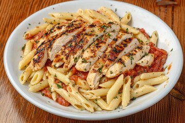 Grilled chicken atop penne pasta with tomato sauce on a white plate, lunch or dinner