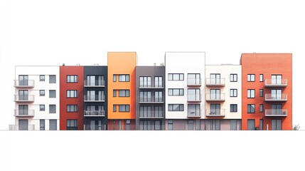 Obraz premium Simplistic housing scheme illustration flat-color facades arranged horizontally against a pure white background minimalist aesthetic. 