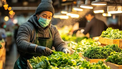 Dedicated worker sorting fresh vegetables in vibrant market, ensuring health and quality among lush greens.