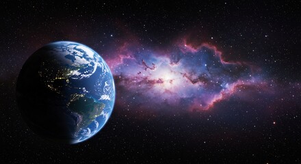 宇宙輝く地球 青紫の星雲が美しく輝く夜空
