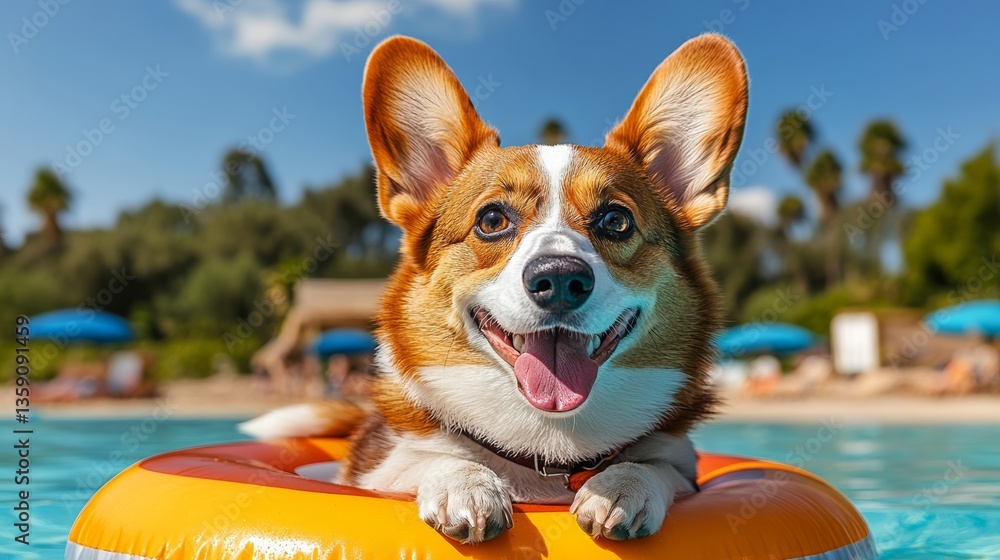 Poster happy dog is in a pool with a yellow float. the dog is smiling and he is enjoying itself