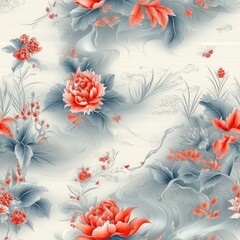 Fototapeta premium Floral pattern with lotus flowers and intricate leaves in soft colors.