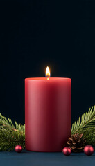 Lit red candle with pine and ornaments on dark background