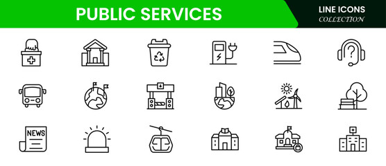 Public Services, service. Set of line icons in linear style. Electricity, water supply, gas supply, drainage, garbage removal, major repairs, heating, cold, hot water. Outline conceptual pictogram