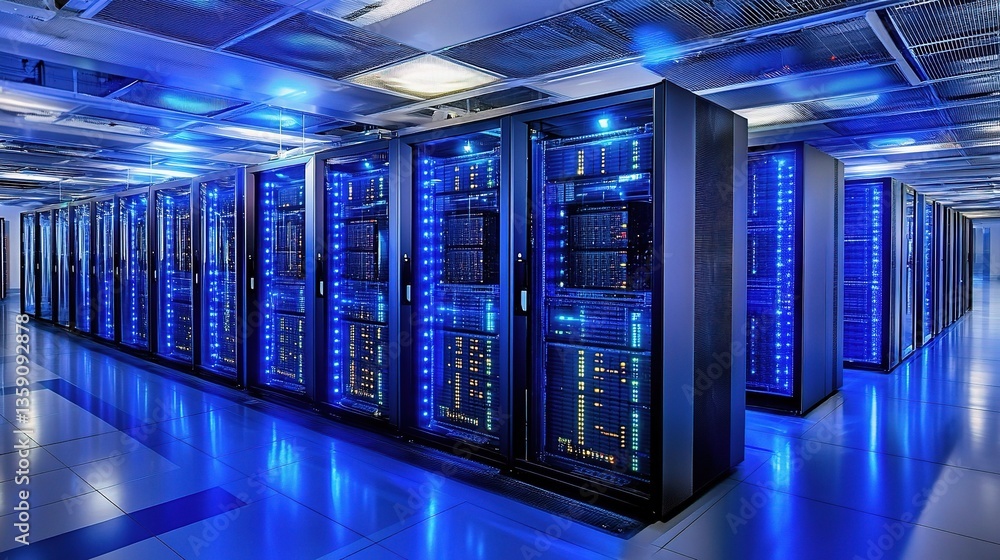 Poster advanced data center with glowing servers in healthcare environment