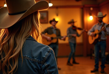 Beautiful young woman looking at country music show, traditional american bar atmosphere, can be used as country show poster
