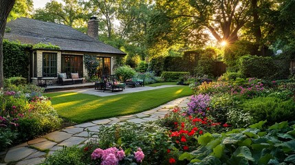 Obraz premium Stylish house surrounded by a picturesque garden colorful blooms, sculpted greenery, and tranquil seating areas creating an inviting ambiance. 
