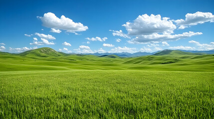 Fototapeta premium Lush green field under a vibrant blue sky with rolling hills in the distance