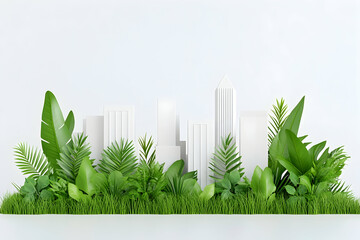Lush green foliage surrounds a minimalist white cityscape model against a clean white background